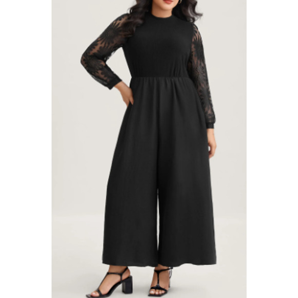 BLOOMCHIC 18-20 2X Plus Black Crochet Lace Mesh Mock Neck Jumpsuit NWT B42 - Picture 1 of 12